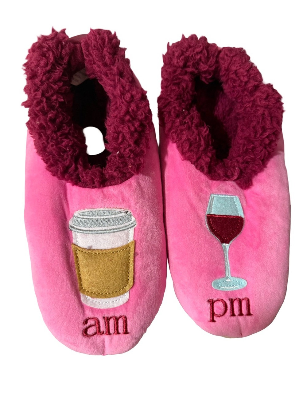Plush Pink Women's Slip-On Slippers with Burgundy Sherpa Cuff